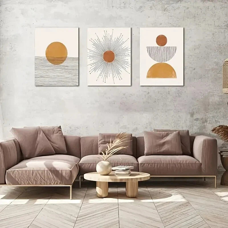 3pcs  Geometric Orange Sun Rising  Metal Print Ready to Hang Art
