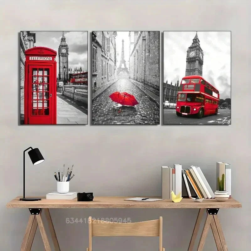 3pcs Black and white buildings, red vehicles, Metal Print Ready to Hang Art