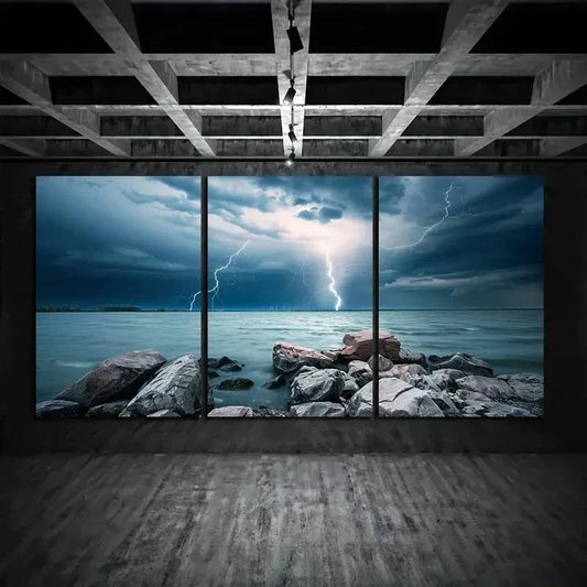 3pcs Dark Storm Sky Lightning Black Stones Metal Print Ready to Hang Art