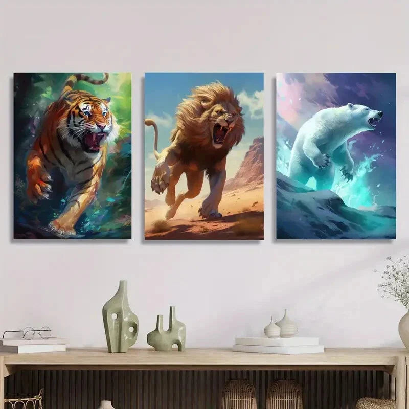 3pcs ferocious tiger lion and polar bear animal,  Metal Print Ready to Hang Art