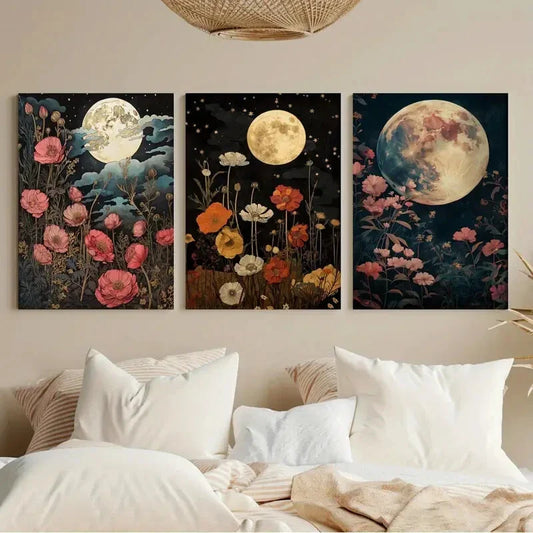 3pcs Moon and Flowers Wildflowers, and Forest Metal Print Ready to Hang Art