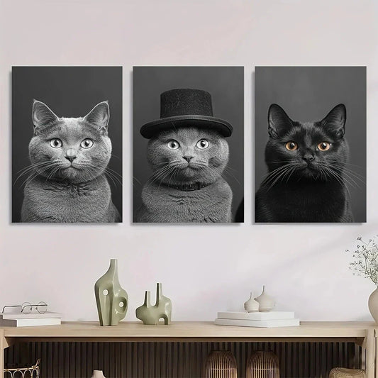 3pcs Nordic Style Black & White Animal Cats Metal Print Ready to Hang Art