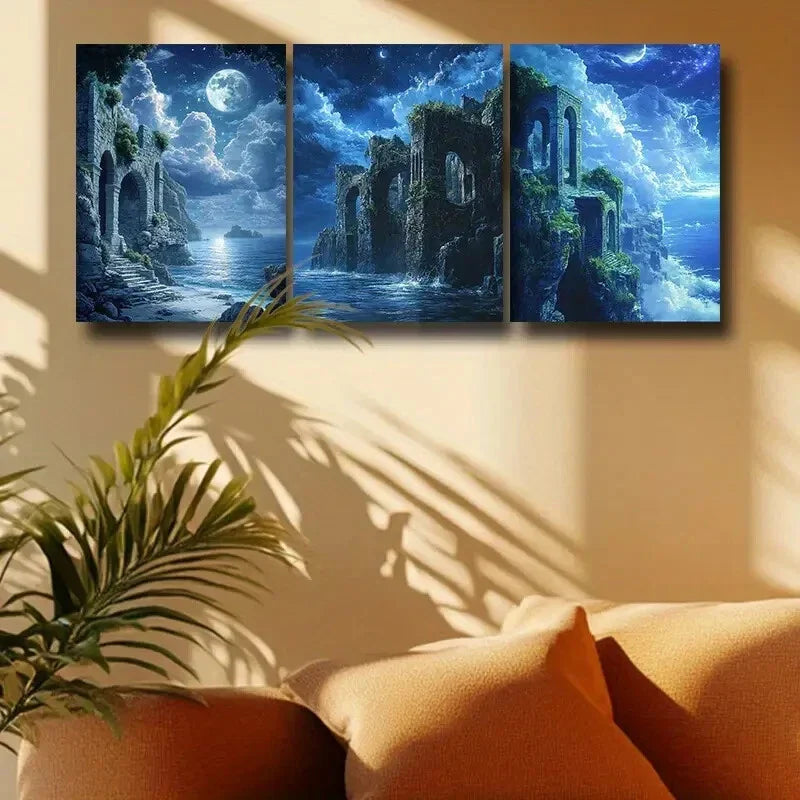 3pcs Seaside site with Moon View Design Metal Print Ready to Hang Art