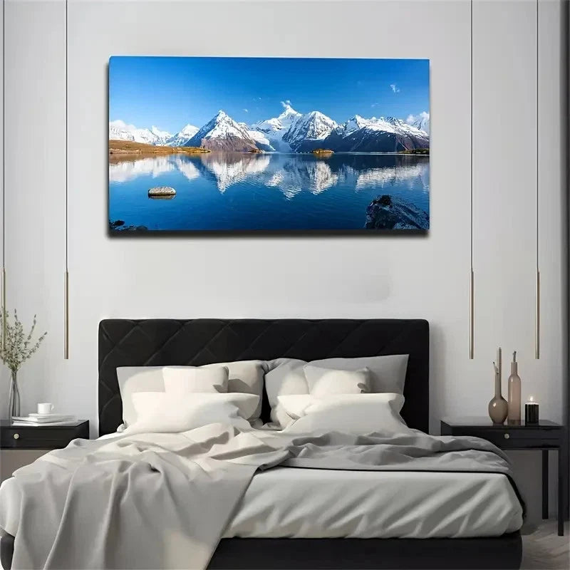 Snow-Capped Mountains Blue Sky Wall Art Canvas Office Home Room Framed 80x45cm