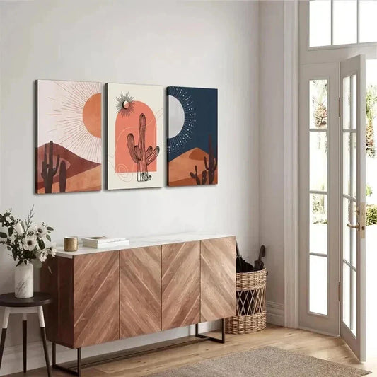 3pcs Desert Sunset Cacti & Sun Decor Wall Art Set Canvas Framed 40x60cm - High Quality Print 100% Australian Made Wall Canvas Ready to Hang