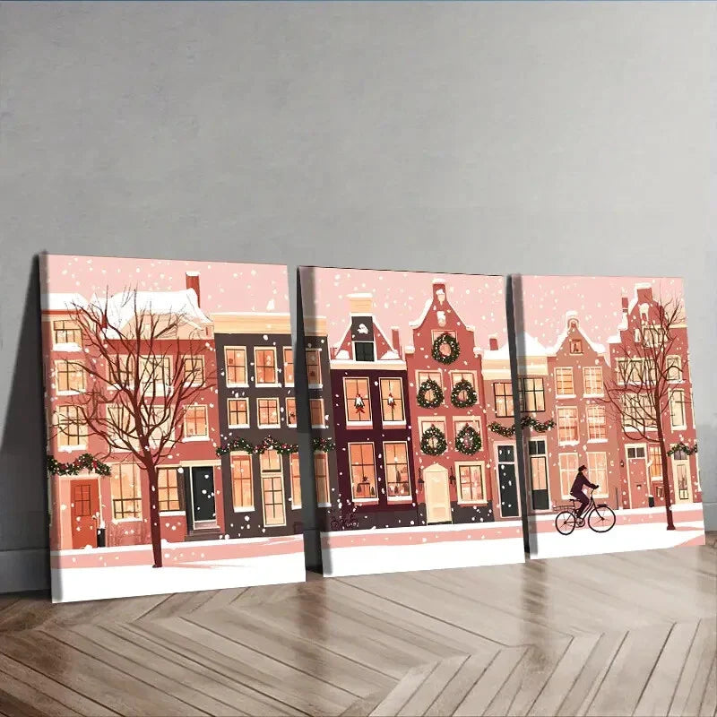 3pcs  Winter Holiday Scene with Snowy Rooftops Wall Art Set Canvas Framed 40x60cm - High Quality Print 100% Australian Made Wall Canvas Ready to Hang