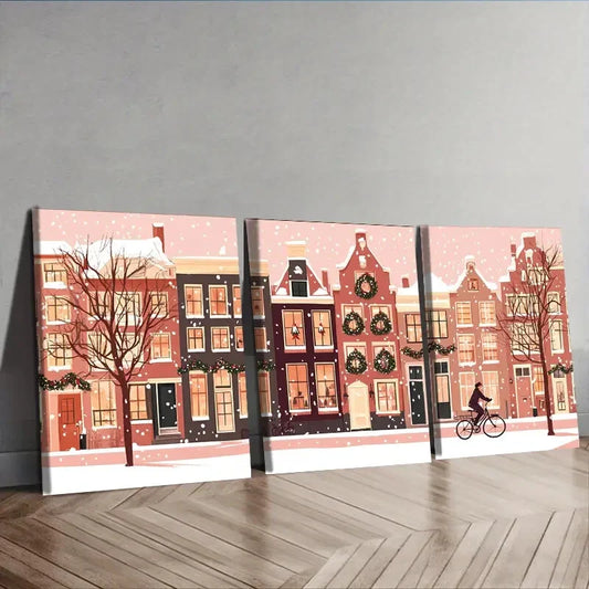 3pcs  Winter Holiday Scene with Snowy Rooftops Wall Art Set Canvas Framed 40x60cm - High Quality Print 100% Australian Made Wall Canvas Ready to Hang