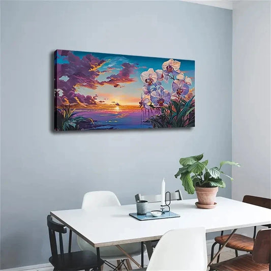 Sunset Beach Scene Pink Purple Wall Art Canvas Office Home Room Framed 80x45cm