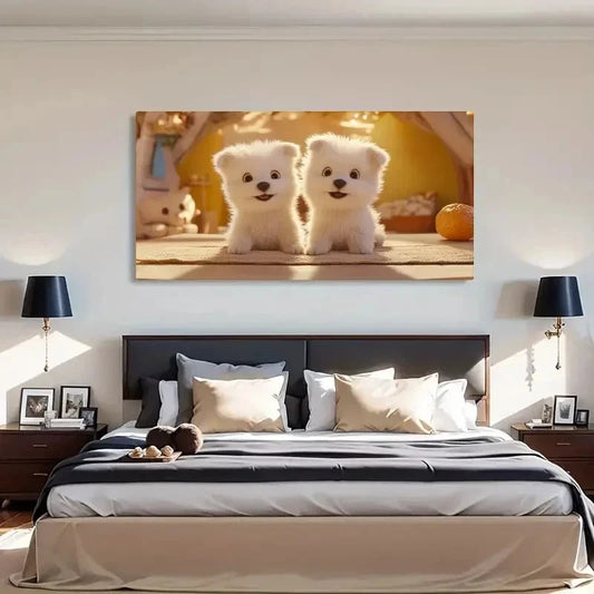 Fluffy Puppies Sunlight Décor Wall Art Canvas Office Home Room Framed 120x60cm