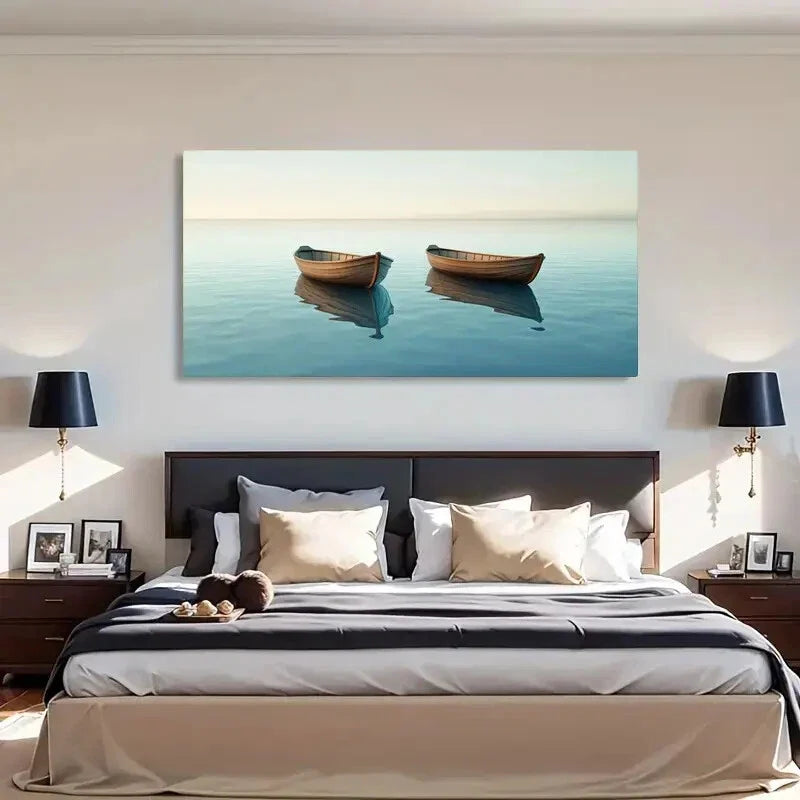Serene Boat Reflection Calm Wall Art Canvas Office Home Room Framed 120x60cm