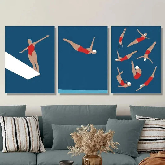 3pcs Vibrant Red Swimwear & Blue Pool Metal Print Ready to Hang Art