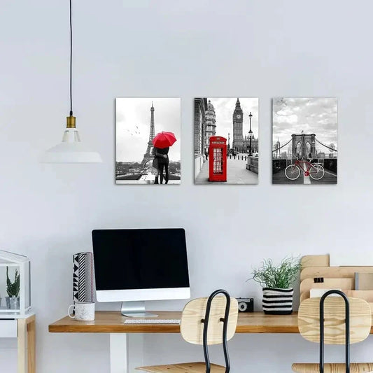3pcs Romantic Couple, London Bicycle, Big Ben Metal Print Ready to Hang Art