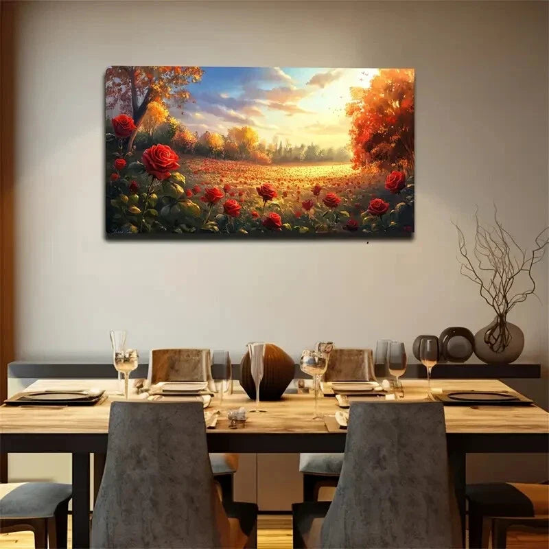Red Roses & Autumn Orange Trees Wall Art Canvas Office Home Room Framed 120x60cm