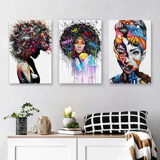 3pcs Abstract Graffiti Portrait Colorful Hair Metal Print Ready to Hang Art