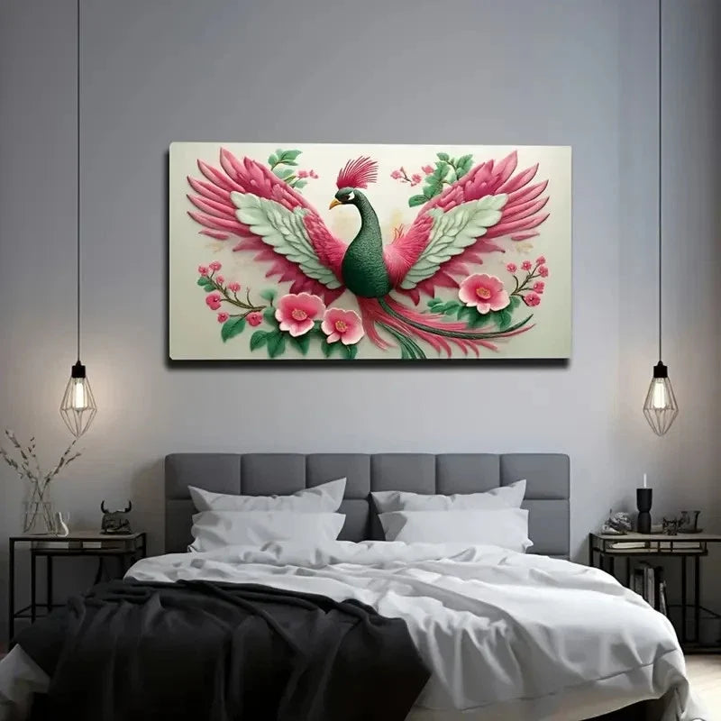 Elegant Phoenix Bird Green Wall Art Canvas Office Home Room Framed 120x60cm