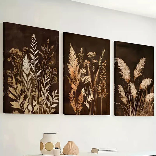 3pcs Retro style grass dry flowers Brownish  Wall Art Set Canvas Framed 40x60cm - High Quality Print 100% Australian Made Wall Canvas Ready to Hang