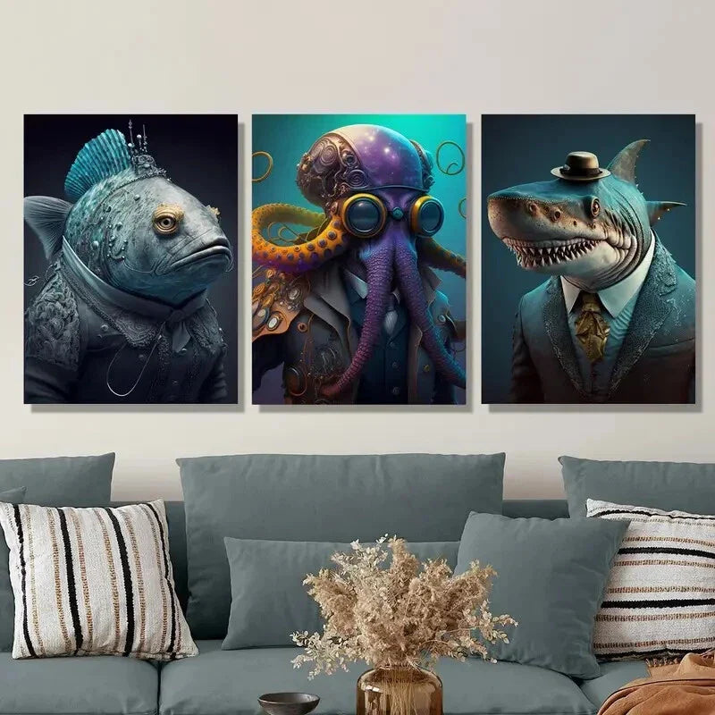 3pcs , Steampunk Octopus/Dolphin/Fish in Suits Metal Print Ready to Hang Art