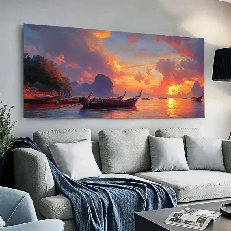 Sunset with Boats Mountain wall canvas office home room framed 80x45cm