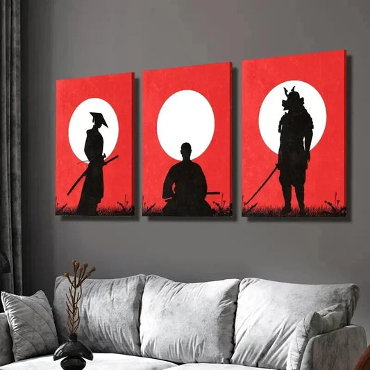 3pcs Red Samurai Silhouette with Sword Wall Art Set Canvas Framed 40x60cm - High Quality Print 100% Australian Made Wall Canvas Ready to Hang