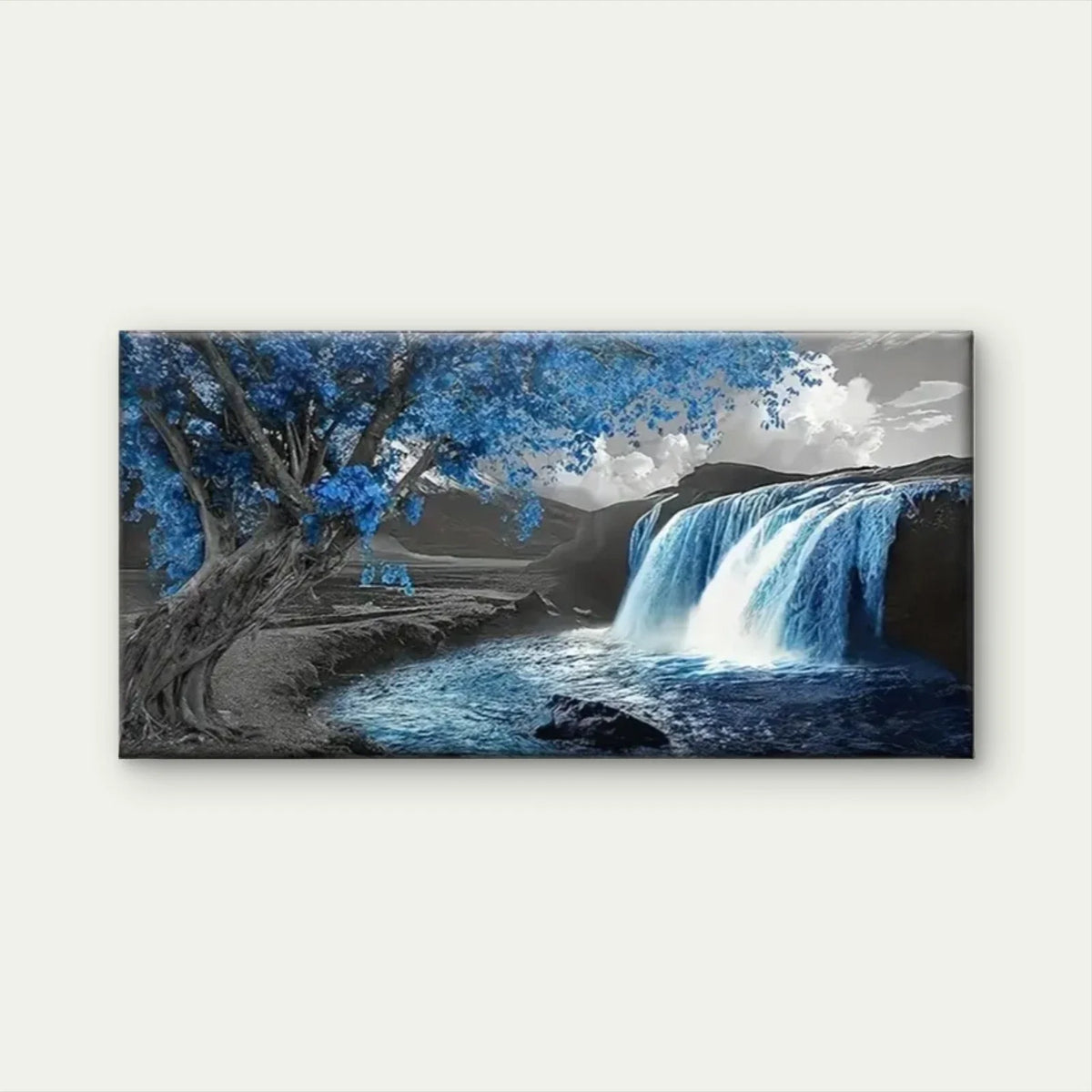 Waterfall Blue Trees Grey Sky Wall Art Canvas Office Home Room Framed 120x60cm
