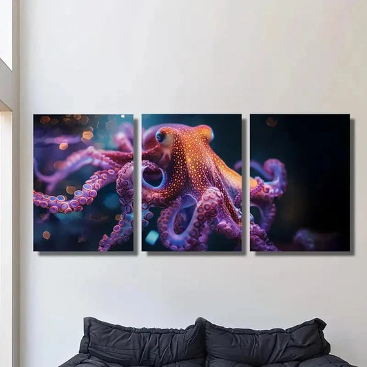 3pcs Octopus with Purple And Yellow Tentacles Metal Print Ready to Hang Art