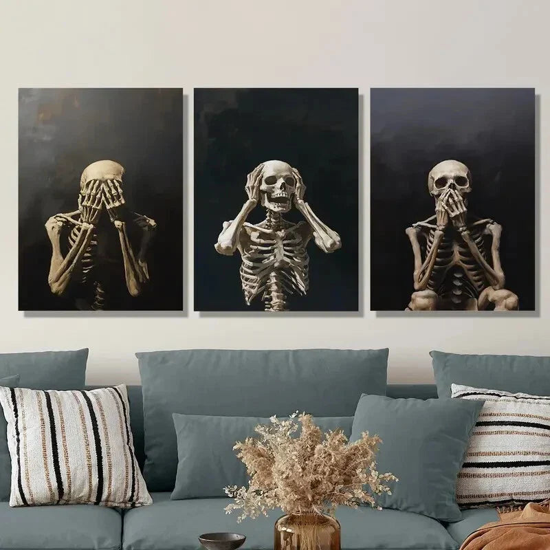3pcs Golden-Hued Skeletons in Various Poses  Wall Art Set Canvas Framed 40x60cm - High Quality Print 100% Australian Made Wall Canvas Ready to Hang