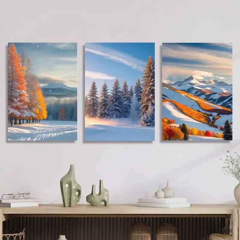 3pcs Winter snow landscape, snow forest Metal Print Ready to Hang Art