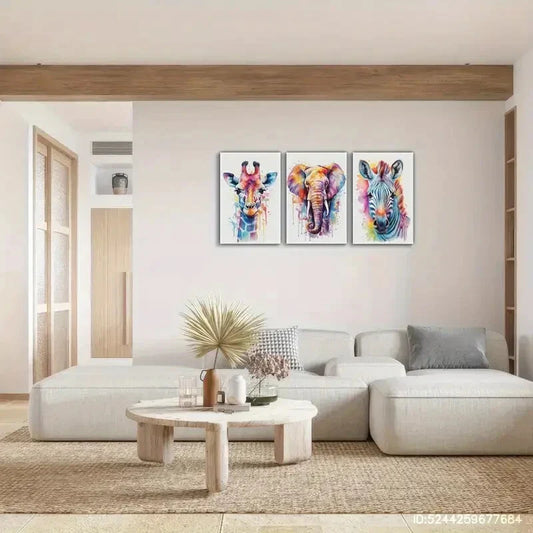 3pcs Elephant Zebra Giraffe Colorful Animal Metal Print Ready to Hang Art