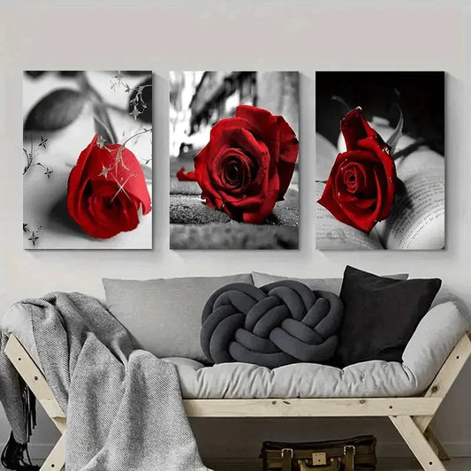 3pcs Red Rose Elegant Floral Black & White Metal Print Ready to Hang Art