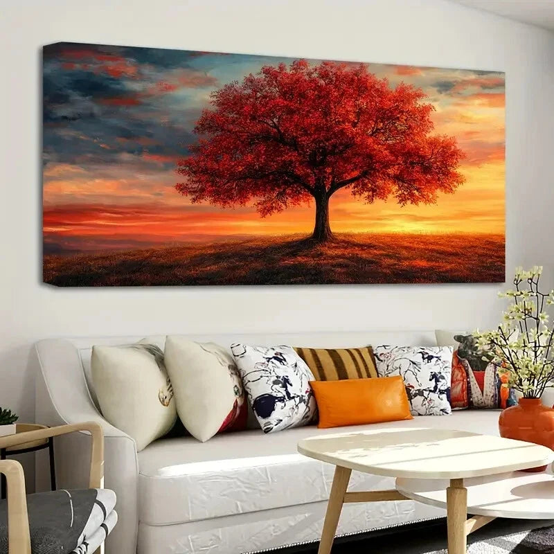 Vibrant Red Sunset Tree wall canvas office home room framed 120x60cm