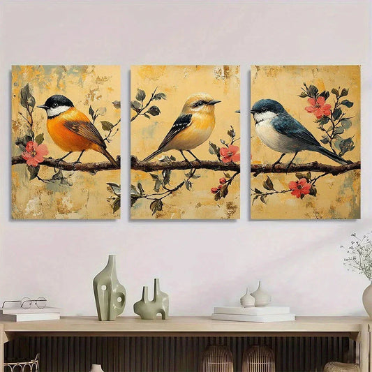 3pcs Vintage Bird Tree Vintage Rustic Farmhouse Metal Print Ready to Hang Art