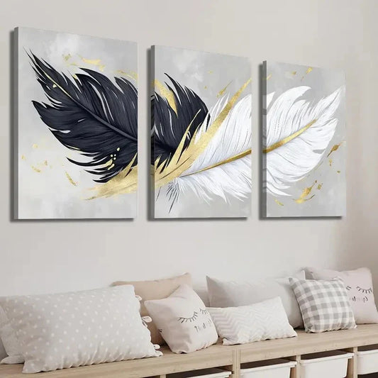 3pcs Abstract Black And White Golden Feather Wall Art Set Canvas Framed 40x60cm - High Quality Print 100% Australian Made Wall Canvas Ready to Hang