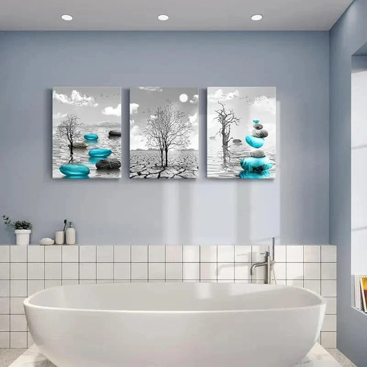 3pcs  Turquoise Blue Pictures Painting  Metal Print Ready to Hang Art