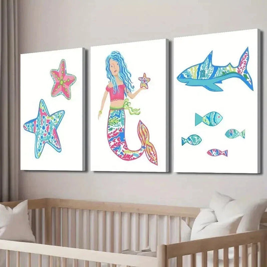 3pcs Cartoon Starfish Mermaid & Shark Wall Art Set Canvas Framed 40x60cm - High Quality Print 100% Australian Made Wall Canvas Ready to Hang