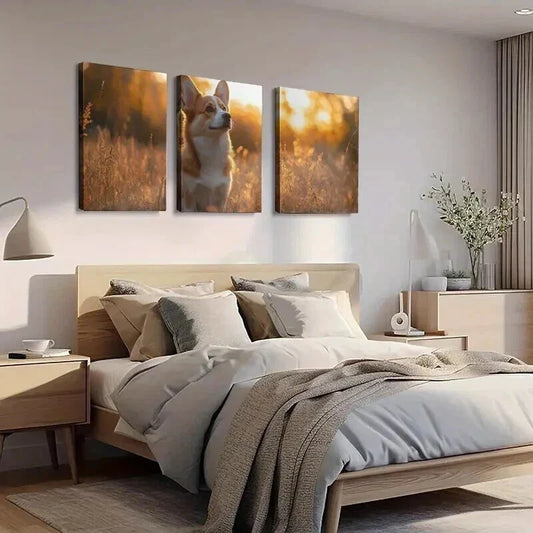 3pcs Corgi Dog in Tall Grass Decoration Wall Art Set Canvas Framed 40x60cm - High Quality Print 100% Australian Made Wall Canvas Ready to Hang