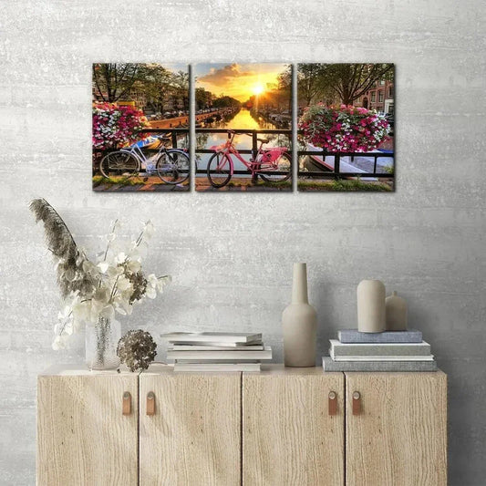 3pcs Sunrise Over Amsterdam Flowers Bicycles Metal Print Ready to Hang Art