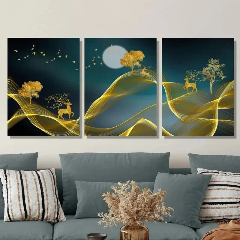3pcs Elk, Money Tree, Modern Abstract Metal Print Ready to Hang Art