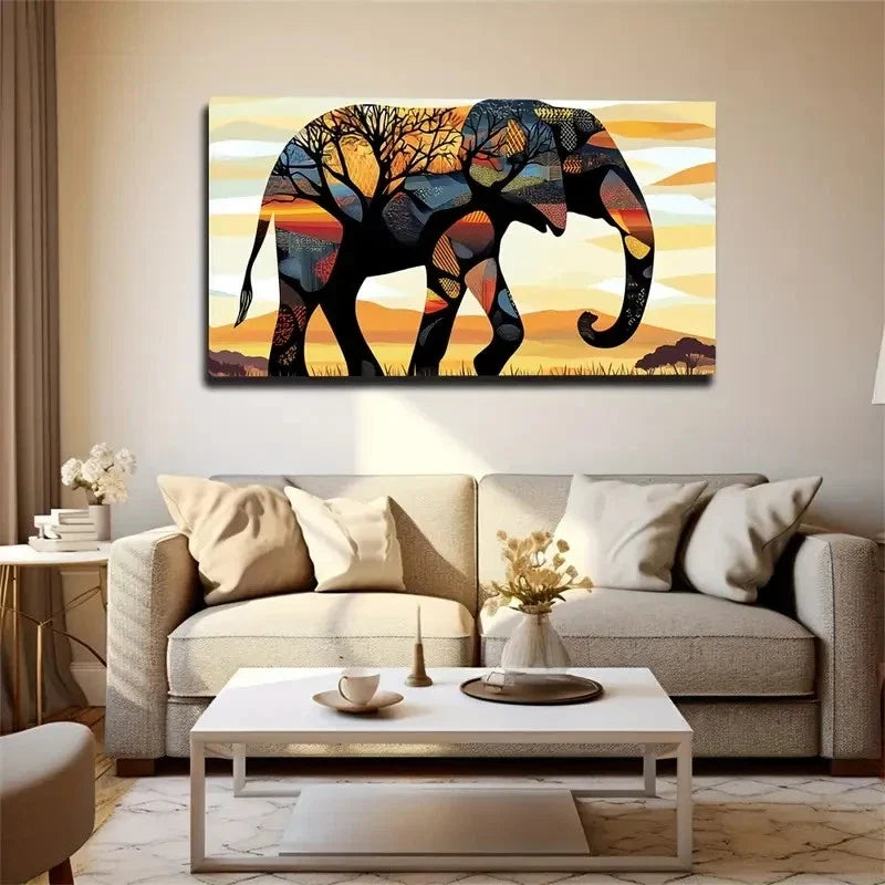 Abstract Elephant Vibrant Sun Wall Art Canvas Office Home Room Framed 120x60cm