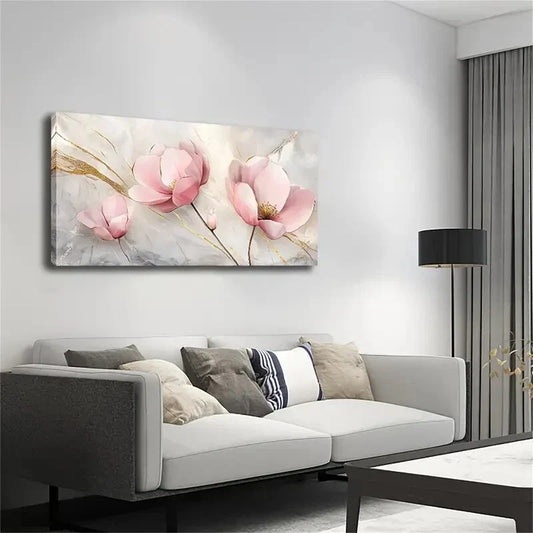 Pink Floral With Golden Accents Wall Art Canvas Office Home Room Framed 120x60cm