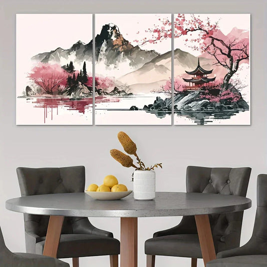 3pcs Cherry Blossom Trees And Lake Scenery Metal Print Ready to Hang Art