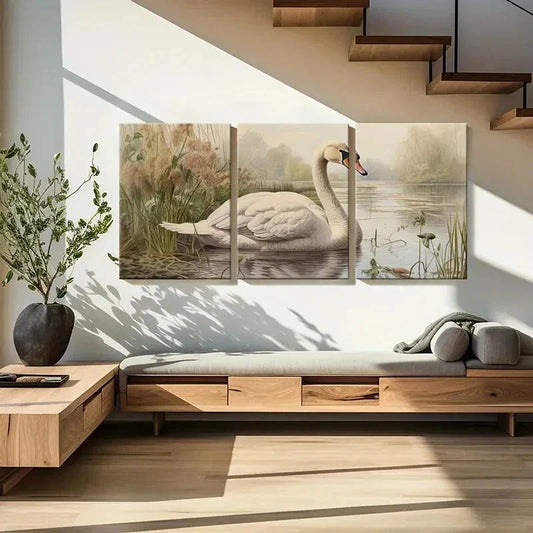 3pcs Elegant Swan On Calm Lake Metal Print Ready to Hang Art