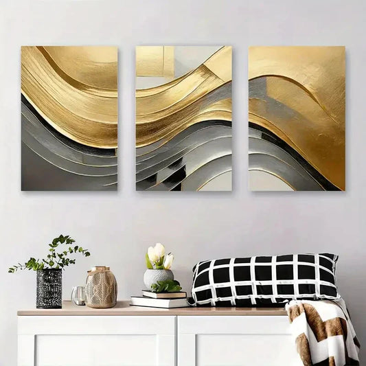 3pcs Golden and Silvery Wavy Design Metal Print Ready to Hang Art
