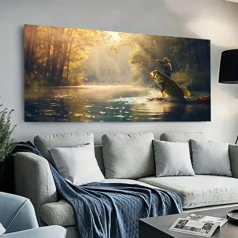 Fishing Scene River Trees wall canvas office home room framed 120x60cm
