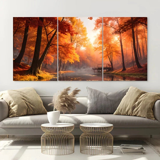 3pcs Autumn Landscape Modern Style Metal Print Ready to Hang Art