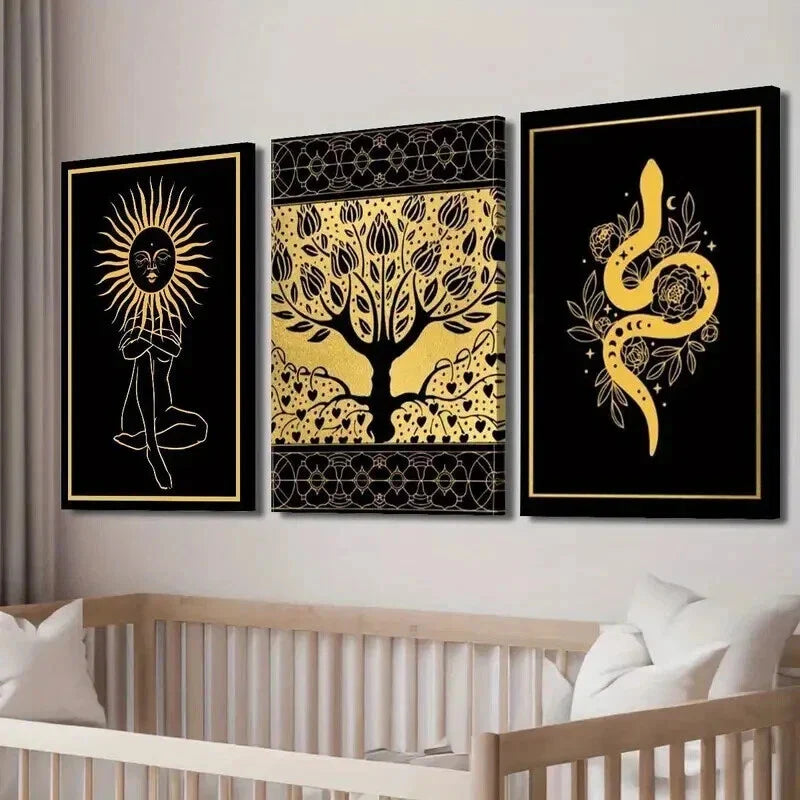 3pcs Black And Golden Witchcraft Painting Wall Art Set Canvas Framed 40x60cm - High Quality Print 100% Australian Made Wall Canvas Ready to Hang