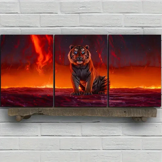 3pcs Sitting Tiger Stunning Gold Metal Print Ready to Hang Art