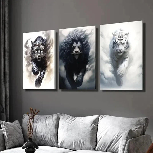 3pcs Black Cheetah Lion & White Tiger Wall Art Set Canvas Framed 40x60cm - High Quality Print 100% Australian Made Wall Canvas Ready to Hang