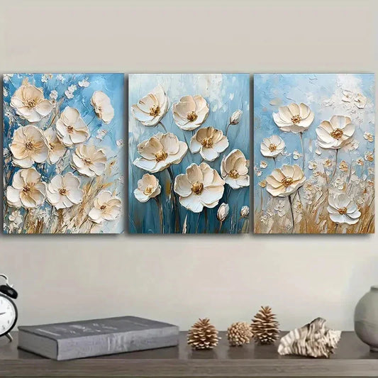 3pcs White Flowers On A Blue Background Metal Print Ready to Hang Art