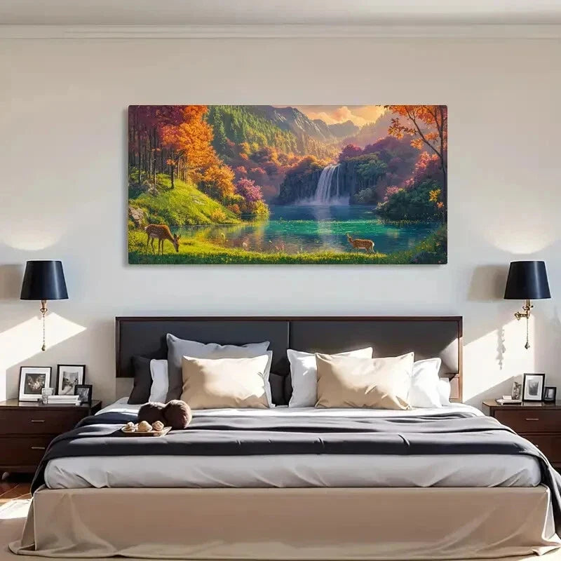 Rustic Wooden Waterfall & Deer Wall Art Canvas Office Home Room Framed 120x60cm