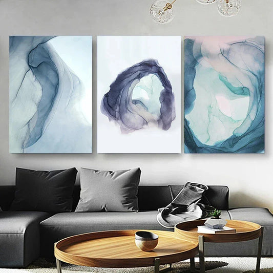 3pcs Blue Watercolor Marble Blue Metal Print Ready to Hang Art